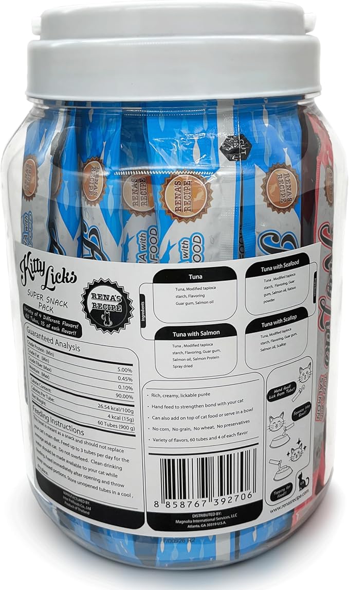 Rena's Recipe Kitty Licks Tuna Barrel (60 Tubes) 4 flavorsX 15 Tubes Cream Lickable Cat Treats 4 Different Flavors: Tuna with Seafood, Scallop, and Salmon
