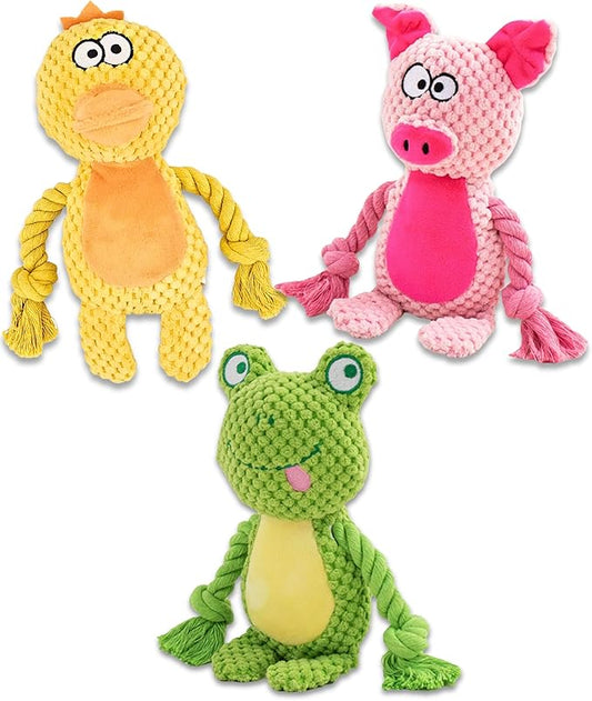 Plush Dog Toys, 3-Pack Variety Set with Squeaker, Crinkle Paper, Rope, Non-Toxic, Soft & Durable, Teething Puppy Toys- Farm Friends or Jungle Pals, 9.45 x 3.94 inches (Farm Friends)