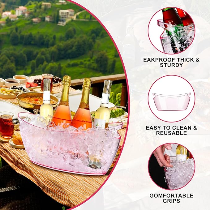 Ice Buckets for Parties, 2 PCS Acrylic Champagne Beverage with 2 Ice Bucket Scoop, Drinks Buckets Tub for Cocktail Bar, Long and Narrow 5.5 Liter Bucket for Party(5.5L) (Pink)