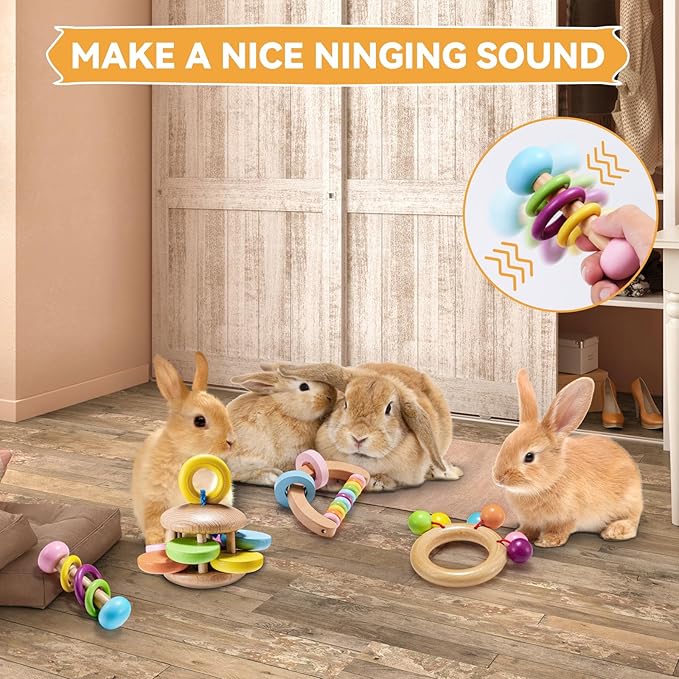 4 Pcs Wooden Bunny Toys - Safe Rabbit & Guinea Pig Toys for Chinchillas & Hamsters, Teeth Grinding, Indoor & Outdoor