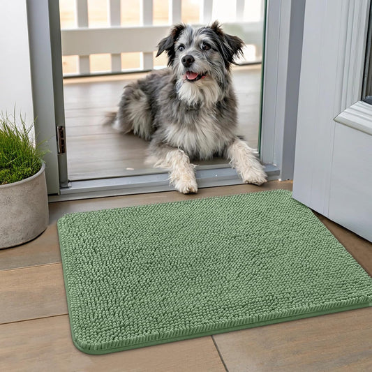 Smiry Dog Door Mat for Muddy Paws 24x16, Absorbs Moisture and Dirt Doormat, Non-Slip Washable Quick Dry Chenille Front Door Mat Indoor Entrance, Entryway Carpet for Inside Floor, Olive Green