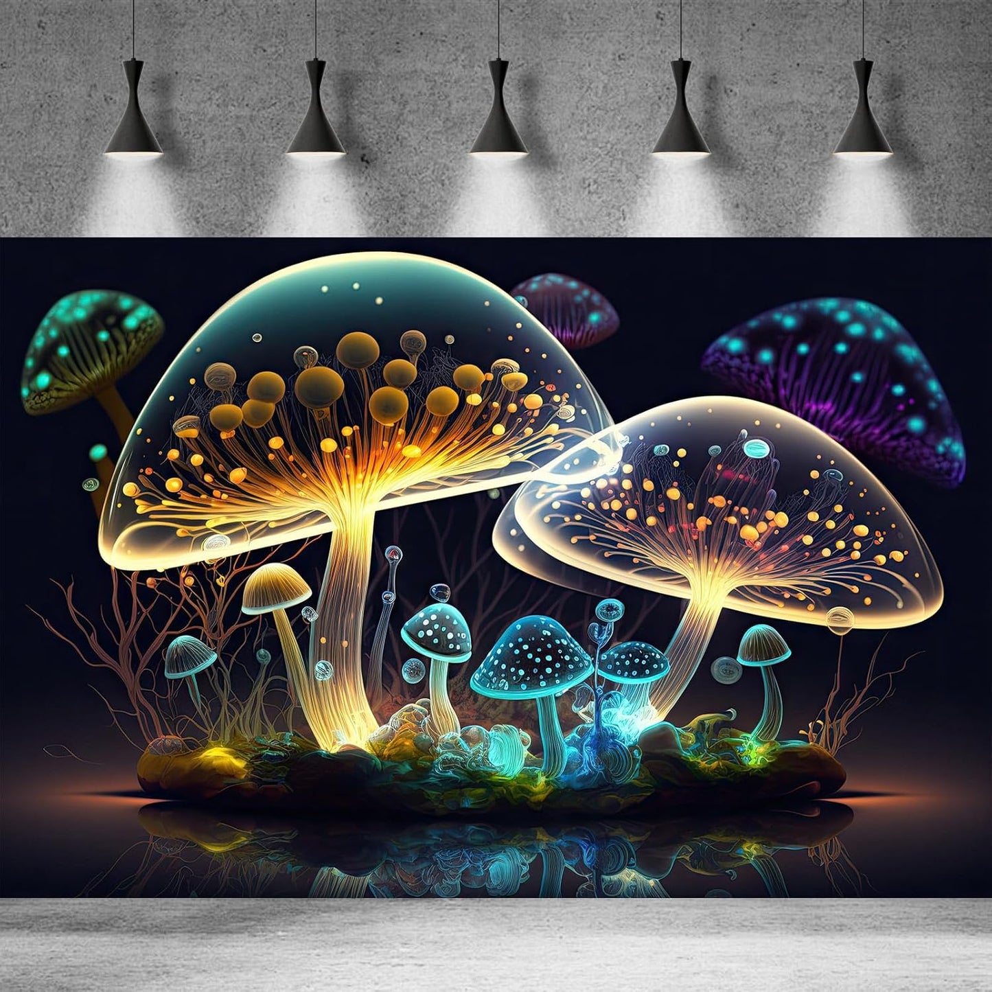 Mushroom Aquarium Background Abstract Glowing Fantasy Mushrooms Terrarium Background Mysterious Forest Magical Night In Circle Shape Crystal Glass Fish Tank Backdrop Decorations Vinyl 48x20in