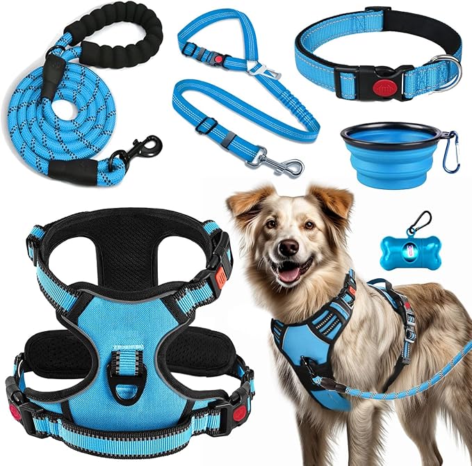 No Pull Dog Harness, Collar & Leash Set | Includes Dog Seat Belt, Collapsible Bowls & Poop Bag Dispenser. Ideal for Training, Walking, Hiking. Fits Small to Large Dogs(Blue-L)