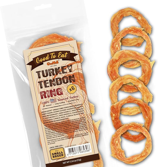 Gootoe Turkey Tendon Dog Treats, Ring (S) 6 Pieces per Pack, USA-Sourced Turkey Tendon, Natural Snack, Premium Puppy Chews, Hypoallergenic, Reseal Value Bags, Size for Small Dogs