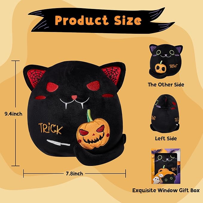 Black Cat Plush Birthday Gift - Two-Sided Stuffed Animal Toy, Funny 9.4" Soft Pumpkin Throw Pillow for Kids, Boys, Girls - 1 Piece