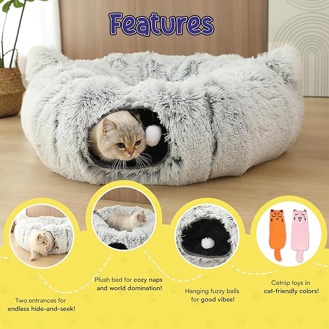 Cat Tunnel Bed Cave with Catnip Toys - Peekaboo Cat Hideaway & Cat Donut Tunnel - 3-in-1 Cat Tunnels for Indoor Cats - Foldable Cute Cat Bed - 32" Washable