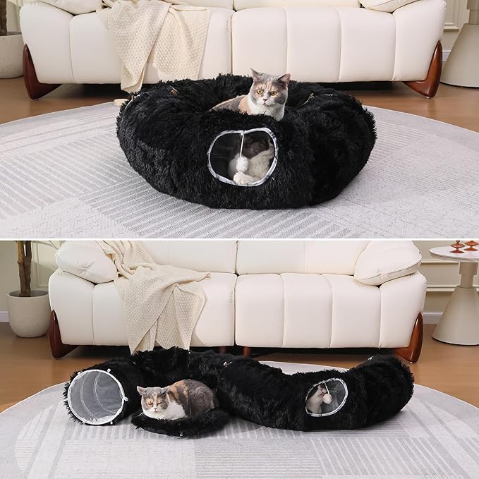 Plush Cat Tunnel Bed for Indoor Cats with Soft Cushion, Multi-Shape Play Cave with Hanging Balls, Large and Foldable Cat Donut Tunnel for Small and Large Pets (Black)