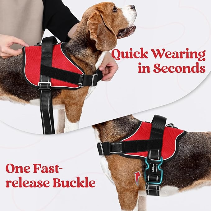 rabbitgoo Dog Harness Medium Sized, Easy On Pet Vest with One Buckle, No Pull Adjustable Service Harness with D-Ring & Handle, Reflective for Safety Walking, Training, Red, M