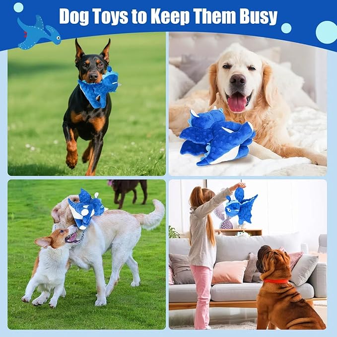 Plush Dog Toys, Tough Chew Toys for Dogs, Crinkle Stuffed Squeaky Toy for Small Medium Large Breed, Interactive Plush Toys to Keep Them Busy, Cute Dinosaur Dog Toy, Pet Toys