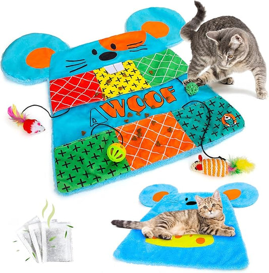 AWOOF Cat Mat, Cute Soft Catnip Mat, Cat Activity Mat Machine Washable Catnip Toys Interactive Cat Toys for Indoor Cats (Mouse Shape)