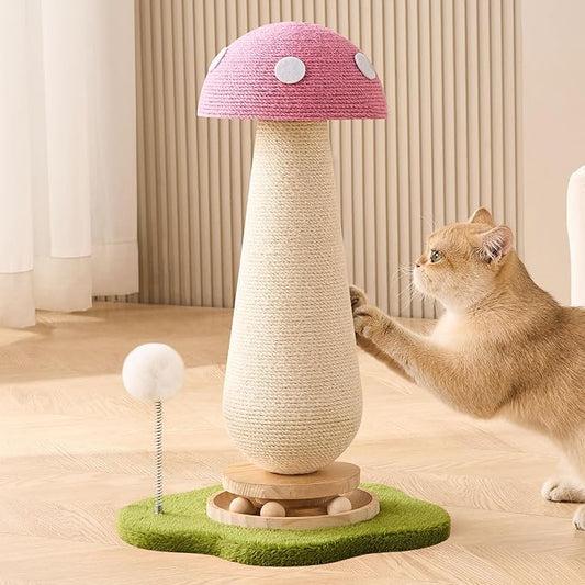 Mushroom Cat Scratching Post Cat Tree, 21.5‘’ H Cute Cat Scratcher Tower with Durable Solid Wood Turntable Toy, Baby Pink Mushroom Scratch Post Cat Sisal Scratcher with Catnip for Indoor Adult Cats