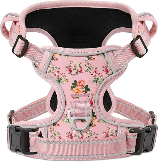 HEELE Dog Harness, No Pull Adjustable Padded Reflective Harness for Small Medium Large Dogs with Handle for Walking Training, Flower-Pink, M