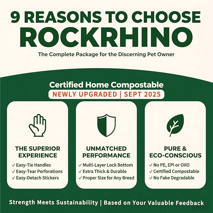 Ultra Thick RockRhino Dog Poop Bags - ECO Heavy Duty, Multi-Layer Bottom, 0% Plastic, 100% Home Compostable, Mint-Scented, Easy Open Tie Handles, Glove-Like Fit - 216 Bags