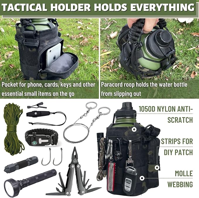 64 Oz Water Bottle with Sleeve - Military Green Half Gallon Insulated Water Jug with Handle - Stainless Steel Sports Bottle for Gym Workout Hiking Camo Black Pouch