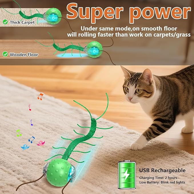 Interactive Cat Toys for Bored Cats, with Chirping, Centipede Motion Wake-up Super Motor Cat Ball on Rug