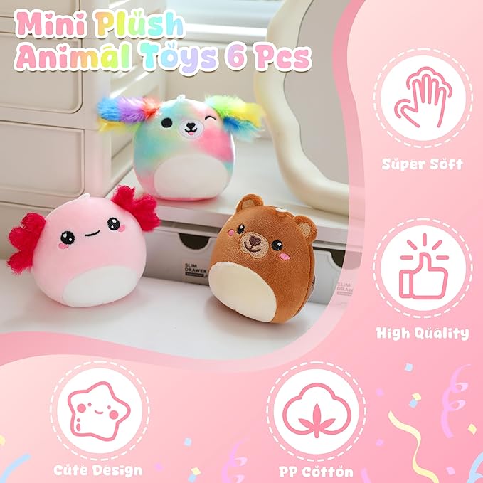 SQEQE Mini Plush Animal Toys Set 6 Pcs Small Stuffed Animal for Kids Adorable Shape Design Plushies Toy for Birthday Party Decor(3.5 Inch)