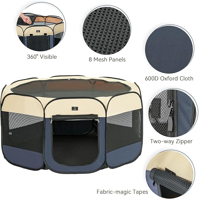A 4 Pet Portable Dog Playpen, 49” Playpen for Dogs with Bowl, Suitable for Puppies, Kittens, and Small Animals, Removable Zipper & Mesh Panel(19”W × 12”H)