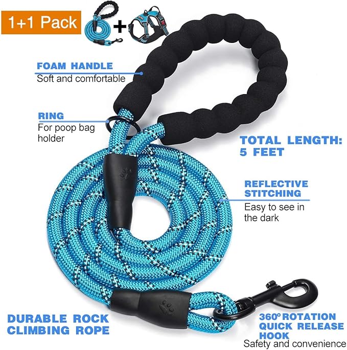 No Pull Dog Harness Adjustable Reflective Oxford Easy Control Medium Large Dog Harness with A Free Heavy Duty 5ft Dog Leash (L (Neck: 18"-25.5", Chest: 24.5"-33"), Blue Harness+Leash)