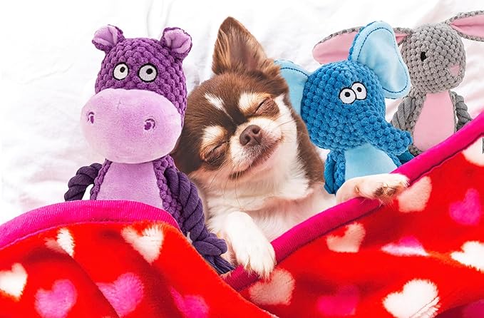 Plush Dog Toys, 3-Pack Variety Set with Squeaker, Crinkle Paper, Rope, Non-Toxic, Soft & Durable, Teething Puppy Toys- Farm Friends or Jungle Pals, 9.45 x 3.94 inches (Jungle Pals)