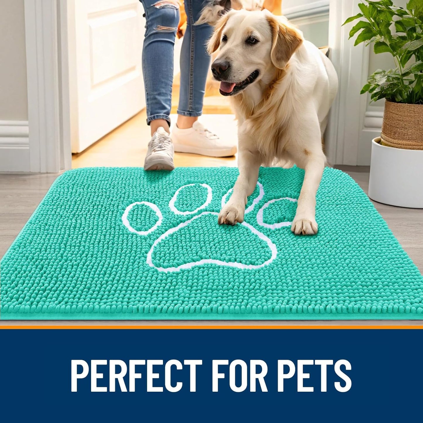OLANLY Door Mat for Muddy Dog Paws 59x35, Ultra Absorbent Chenille Mud Doormat with Paw Print Design, Non-Slip Washable Doormat for Indoor Entryway, Quick-Dry Pet Bed Mats for Dirty Dogs, Teal