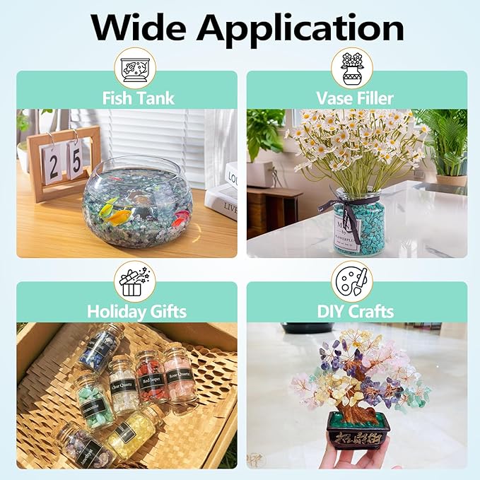 Tumbled Chips Stones Green Turquoise Crushed Crystal Quartz 3 Lb, Polished Natural Aquarium Gravel Rocks Gemstone Pebbles for Fish Tank, Vase Fillers, Succulent Plants Decor