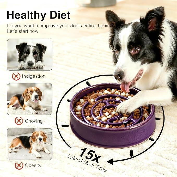 Slow Feeder Dog Bowls, Silicone Dog Bowl with Anti-Slip, Slow Feeder & Non-Slip Design, Boredom and Anxiety Reducer, Suitable for All Breed Dogs and Cat (Ceramic-Purple)