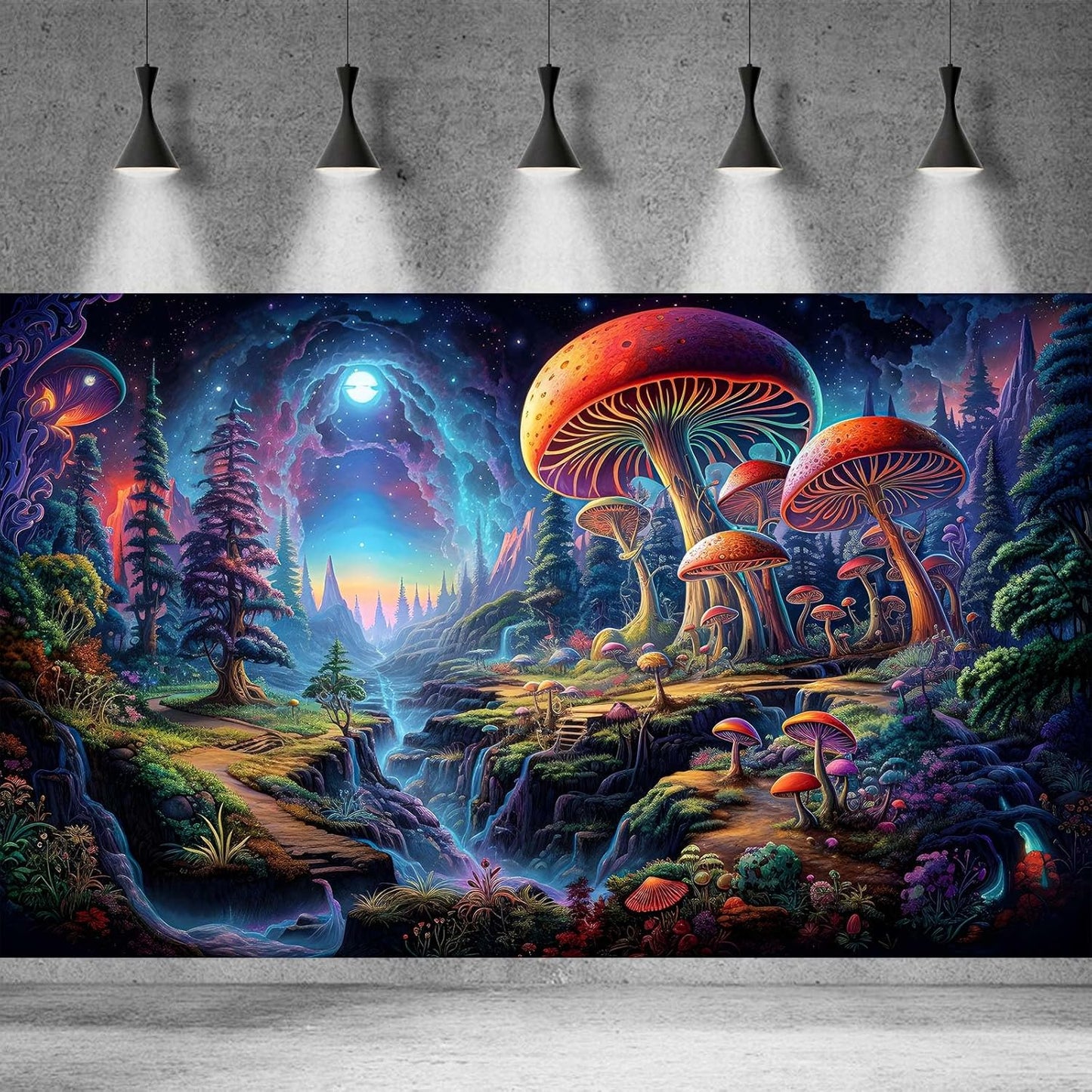 Forest Aquarium Background Fantastic Cartoon Forest Landscape with Mushrooms and Flowers Terrarium Background Fantasy Pine Tree Mysterious Mushroom Theme Fish Tank Backdrop Poster Decor 36x20in