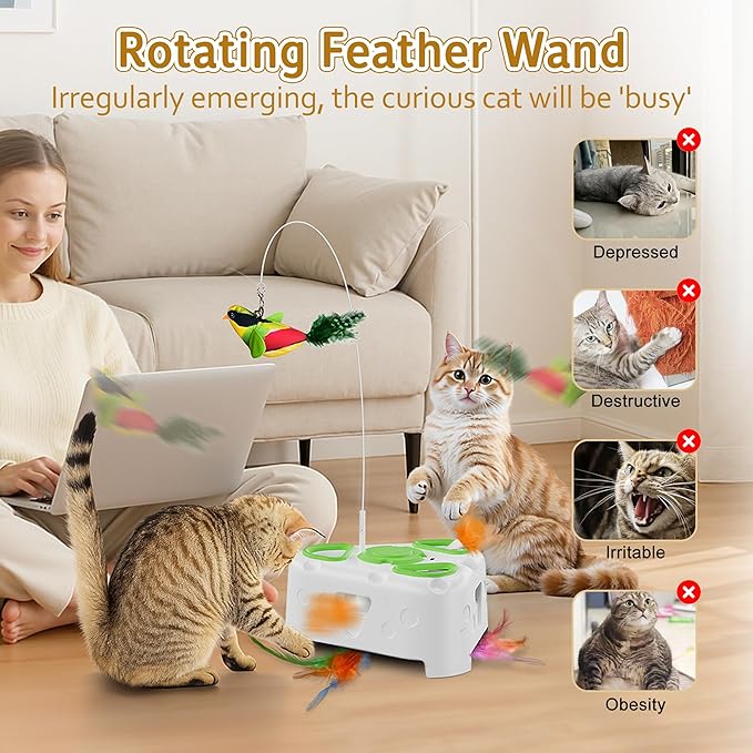 3-in-1 Interactive Cat Toys for Indoor Cats,Automatic Kitten Toy,Flying Bird,6 Holes Mole,Rotating Feather, Rechargeable USB Interactive Cat Feather Toys for Bored Indoor Cats