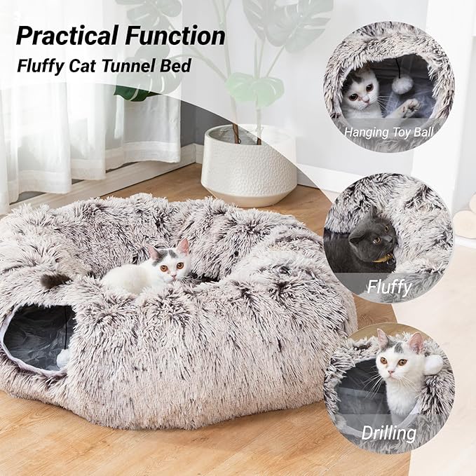 LUCKITTY Warm Fluffy Plush Cat Tunnel Bed Under Christmas Tree Big Tube Playground Toys 3 FT Diameter Longer Crinkle Collapsible 3 Way, for Indoor Cat Kitty Kitten Puppy Rabbit Ferret Brown