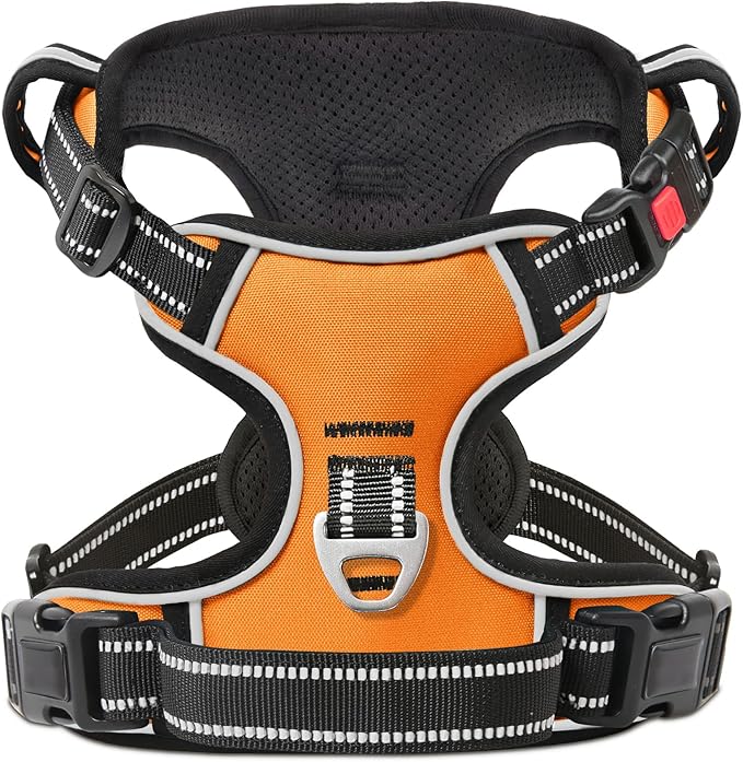 Timos Dog Harness Large Sized, No Pull with Neck Lockable Snap,No Choke Front Clip Dog Reflective Harness,Adjustable Metal Rings 3 Buckles,Easy Control Handle for Large Dogs Orange L