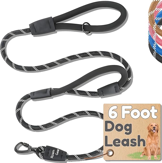 Premium 6 Ft Dog Leash - Two Extra Padded Handles, Heavy Duty Leashes for Medium Dogs to Large Breeds, Reflective, Shock-Absorbing, Anti-Pull Rope Leash, Strong Pet Lead for Everyday Walks - Roam Gear