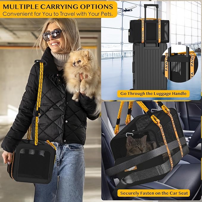 PAWZIDEA Expandable Pet Carrier w/ID Card, 18x11x11 Small Dog Carrier TSA Airline Approved, Soft-Sided Collapsible Dog Travel Bag, Top Load Cat Carrier for 2 Cats Under Seat, Puppy Carrier up to 15Lbs