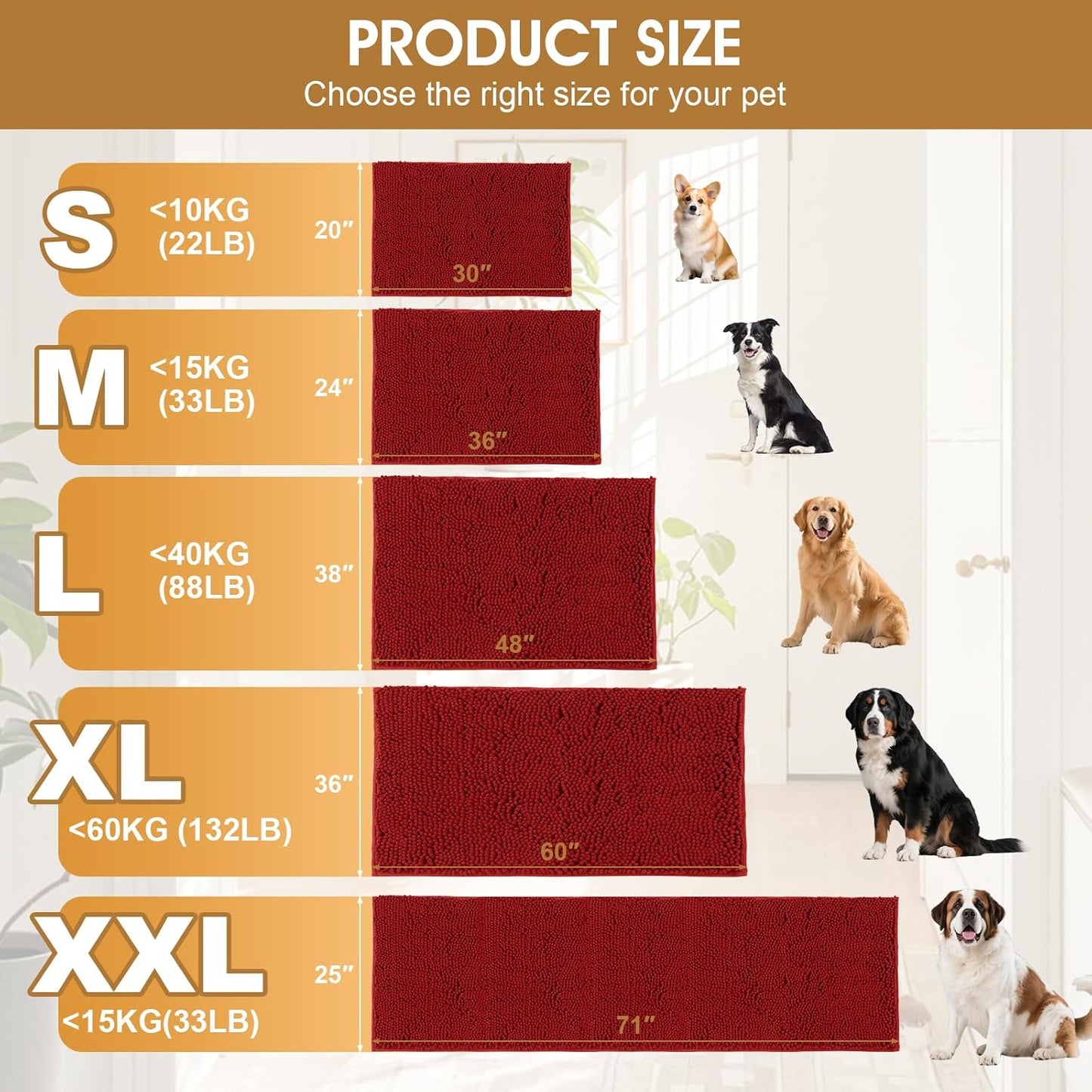 IM HOME Extra Large Dog Door Mats for Muddy Paws, Chenille Absorbent Dog Mats, Non Slip Heavy Mud Mat for Dogs, Soft Pet Mat for Entryway, Mud Paws, Inside Floor,71" x 25", Red