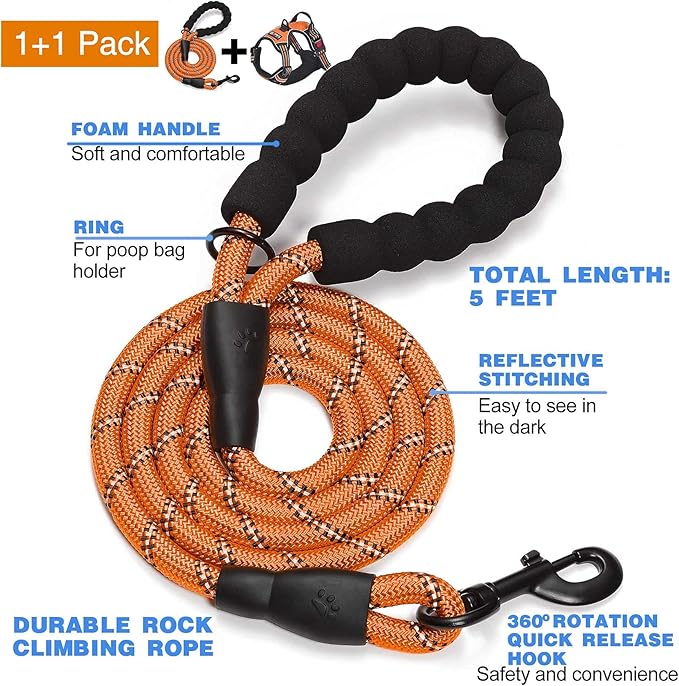 No Pull Dog Harness Adjustable Reflective Oxford Easy Control Medium Large Dog Harness with A Free Heavy Duty 5ft Dog Leash (M (Neck: 15.5"-19", Chest: 22"-25"), Orange Harness+Leash)