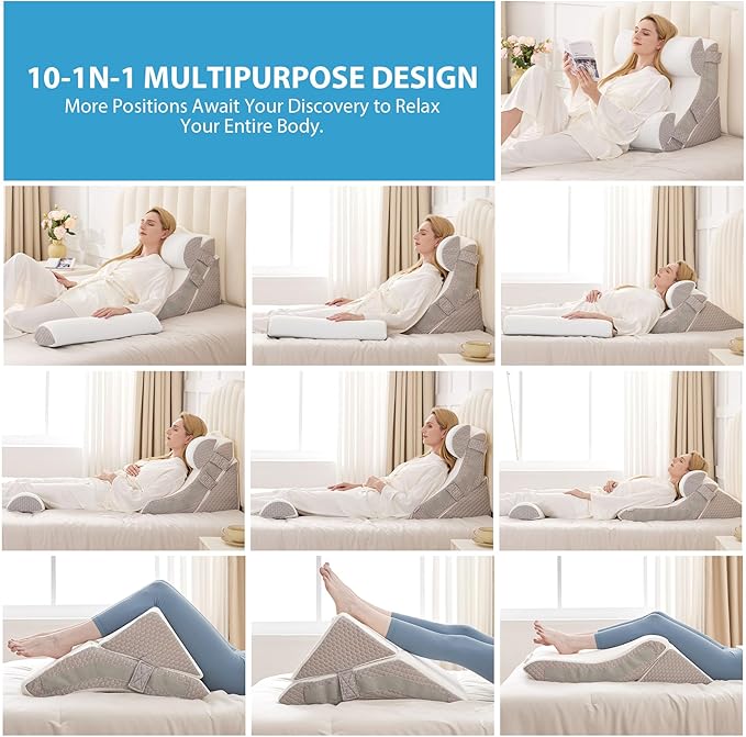 4pcs Orthopedic Bed Wedge Pillow Set, Memory Foam Post Surgery Pillow for Back, Leg Pain Relief, Adjustable Pillow Wedge for Sleeping, Bed Sitting up, Acid Reflux, GERD & Snoring, White/Grey