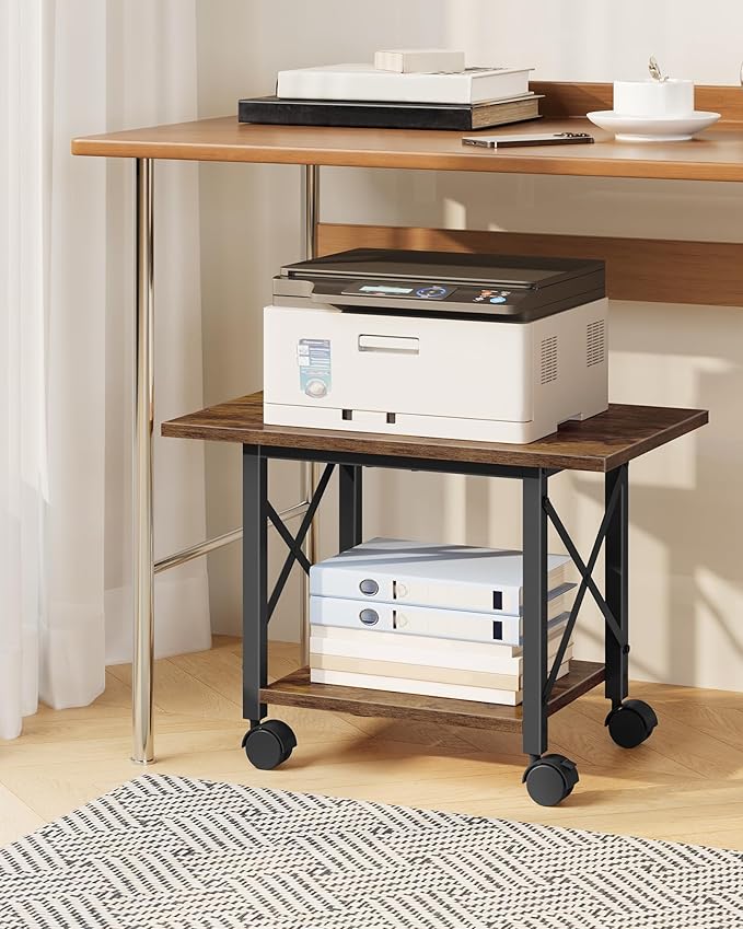 23.6" Under Desk Printer Stand, 2-Tier Printer Table with Wheels Adjustable Feet for Home Office, Study, Living Room, Rustic Brown and Black TPS01BF
