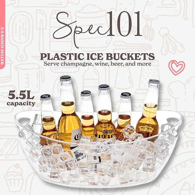 Ice Bucket for Champagne - 2 Pack Plastic Ice Buckets for Parties - 5.5L Oval Transparent Bridal Beverage Tub Cooler Catering Bar Accessories for Wine, Beer, Liquor, Spirits and Seltzers