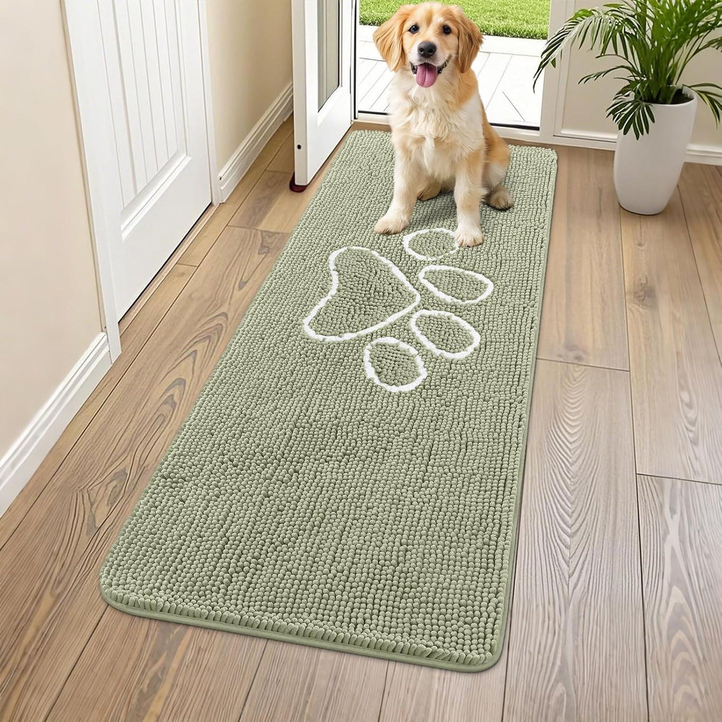 Smiry Dog Door Mat for Muddy Paws, Absorbent Dirt Trapper Non Slip Quick Dry Washable Chenille Mat for Mud Dogs, Entry Rug for Indoor and Outdoor (59x24 Inches, Sage Green)