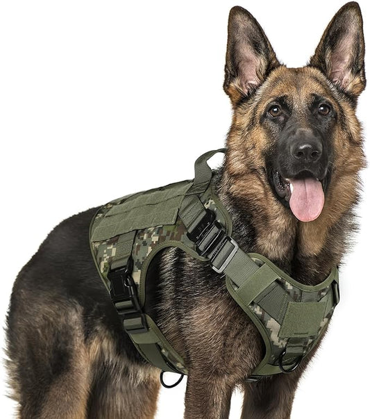 rabbitgoo Tactical Dog Harness for Large, Heavy Duty Pet Harness with Handle, No-Pull Service Vest Large Breed, Adjustable Military Dog Vest for Training Hunting Walking, Green Camo, XL