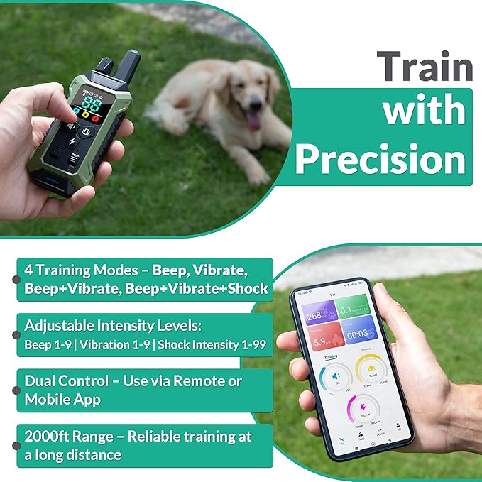 Invisible GPS Wireless Dog Fence System Collar – 2-in-1 Remote or App Controlled Invisible Boundary and Training GPS Dog Collar with 4 Training Modes – Covers up to 7000 Ft (3533 Acres)