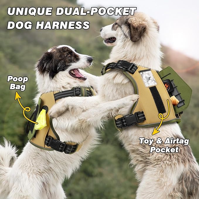WINGOIN Tactical Dog Harness for Small Dogs, No Pull Harness with Handle 2 Pockets Poop Bag, Reflective Dog Vest, Military Service Heavy Duty Big Dog Harness for Walking Hiking Training (Khaki, S)