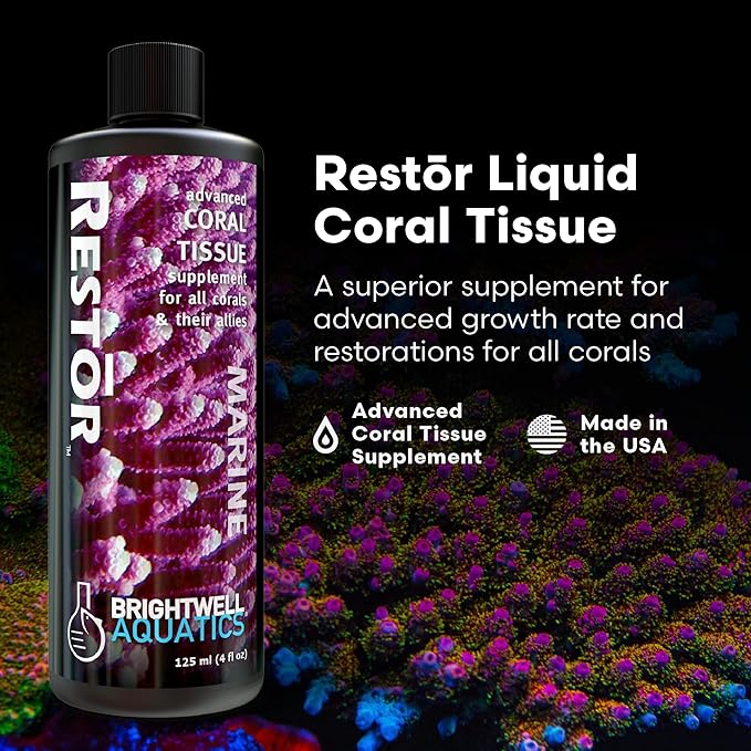 Brightwell Aquatics - Restor Liquid Coral Tissue Supplement - Fish Tank Reef Nutrition for Live Coral Growth Acceleration, Colour Vibrancy, & Restoration Additive - Saltwater Reef Supplies, 4.22 fl oz