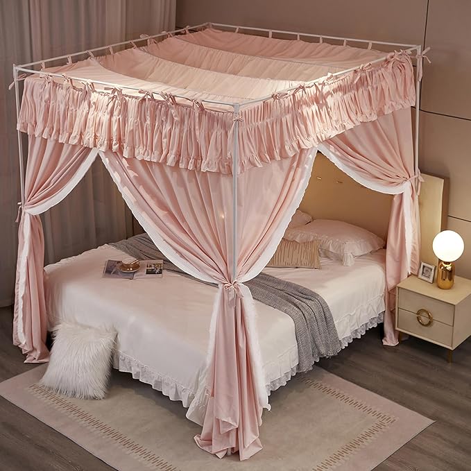 4 Corners Post Princess Ruffle Curtain Bed Canopy Lace Up Elastic Cozy Breathable Tent Mosquito Net for Girls Bedroom Decoration(Pink, 59-64" W*82" L*82" H/Queen)