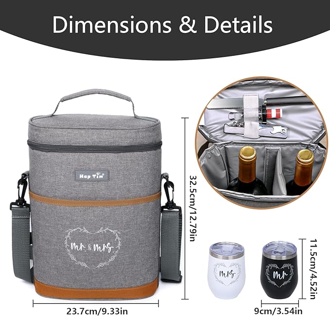 Hap Tim Wedding Gifts for Couples, Bridal Shower Gifts, Engagement Gifts for Newlyweds, Mr and Mrs Gifts - Wine Cooler Bag Insulated Wine Carrier Tote with Tumblers, Bamboo Cheese Borad (13624-G2)