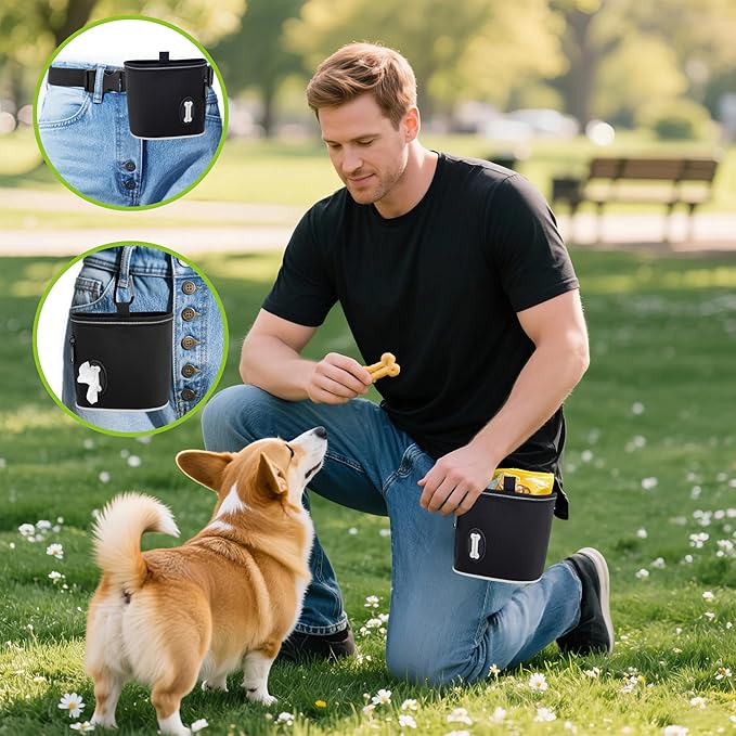 Dog Treat Pouch with Magnetic Closure, 3 Wear Ways, Side Zipper for Poop Bag Dispenser, Large Treat Bag with Reflective Strip for Training, Travel and Night Walking (1Pack-Black)