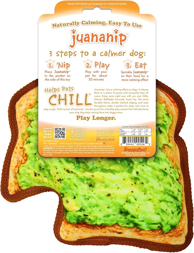 Doggijuana Tuffer Chewer Plush Dog Toy | Funny Dog Toy Plush with Juananip Catnip for Dogs | Calming Aid for Dogs | Interactive Squeaky Chew Toy for Play (Avocado Toast)