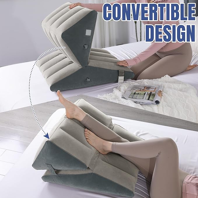 HOMBYS Adjustable Inflatable Bed Wedge Pillow for Sleeping, 7 in 1 Multi Use Back Pillow for Bed Sitting Up, 10 inch Elevated Support Pillow for Legs & Back, Portable for Travel Use, White&Grey