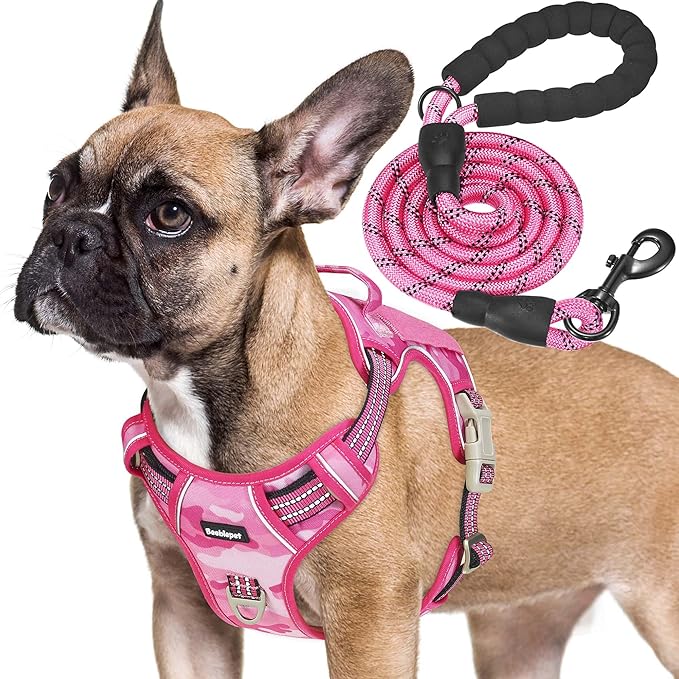 Heavy Duty Tactical Dog Harness for Small Dogs, No Pull Adjustable Pet Harness Reflective Service Training Easy Control Pet Vest Military K9 Working Dog Harnesses- Small, Pink Camo