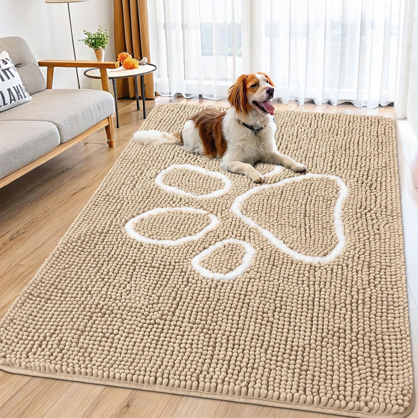Smiry Dog Door Mat for Muddy Paws, Absorbent Dirt Trapper Non Slip Quick Dry Washable Chenille Mat for Mud Dogs, Entry Rug for Indoor and Outdoor (71x46 Inches, Beige)