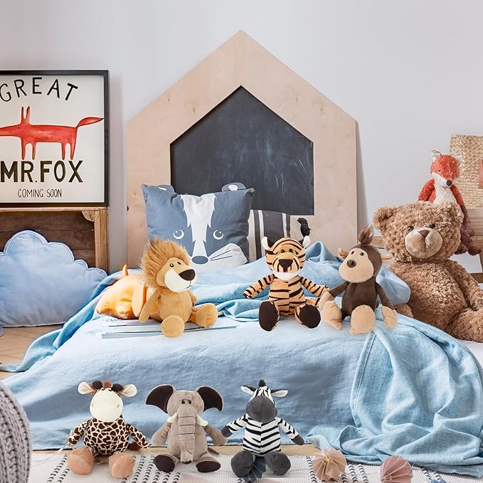 HyDren 12 Pieces Safari Stuffed Animals 8 Inch Jungle Animal Toys Set Boys Girls Plush Forest Animals Lion Elephant Zebra Giraffe Tiger Monkey for Zoo Animal Party Teacher Student Award